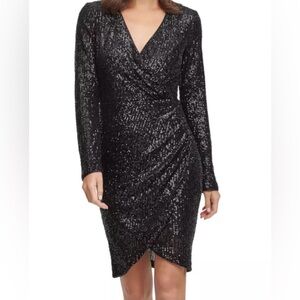 ELIZA J Womens Black Sequin Long Sleeve V Neck Dress Size 8